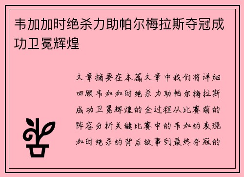 韦加加时绝杀力助帕尔梅拉斯夺冠成功卫冕辉煌