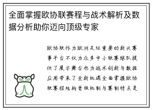 全面掌握欧协联赛程与战术解析及数据分析助你迈向顶级专家