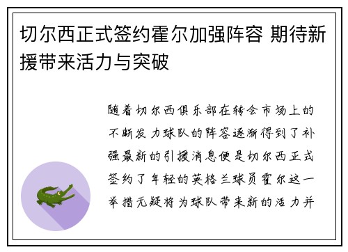 切尔西正式签约霍尔加强阵容 期待新援带来活力与突破 切尔西正式签约霍尔加强阵容 期待新援带来活力与突破