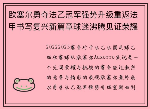 欧塞尔勇夺法乙冠军强势升级重返法甲书写复兴新篇章球迷沸腾见证荣耀时刻